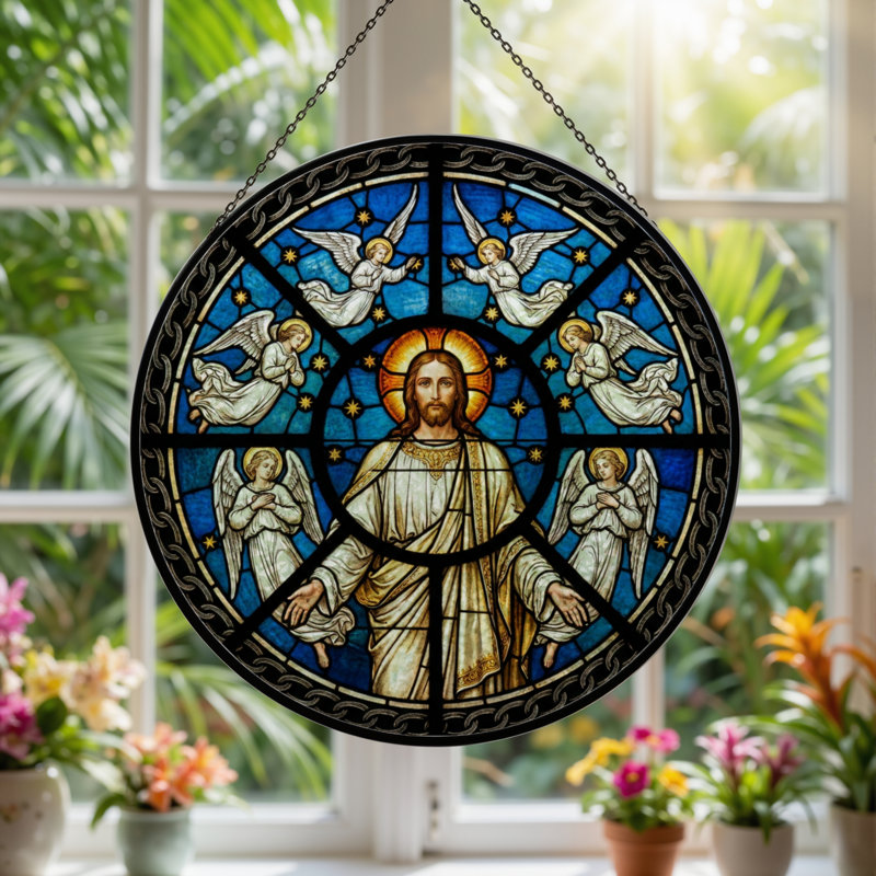 Panneau de vitrail 12 "H Jesus Angels, H 12 po x l 12 po