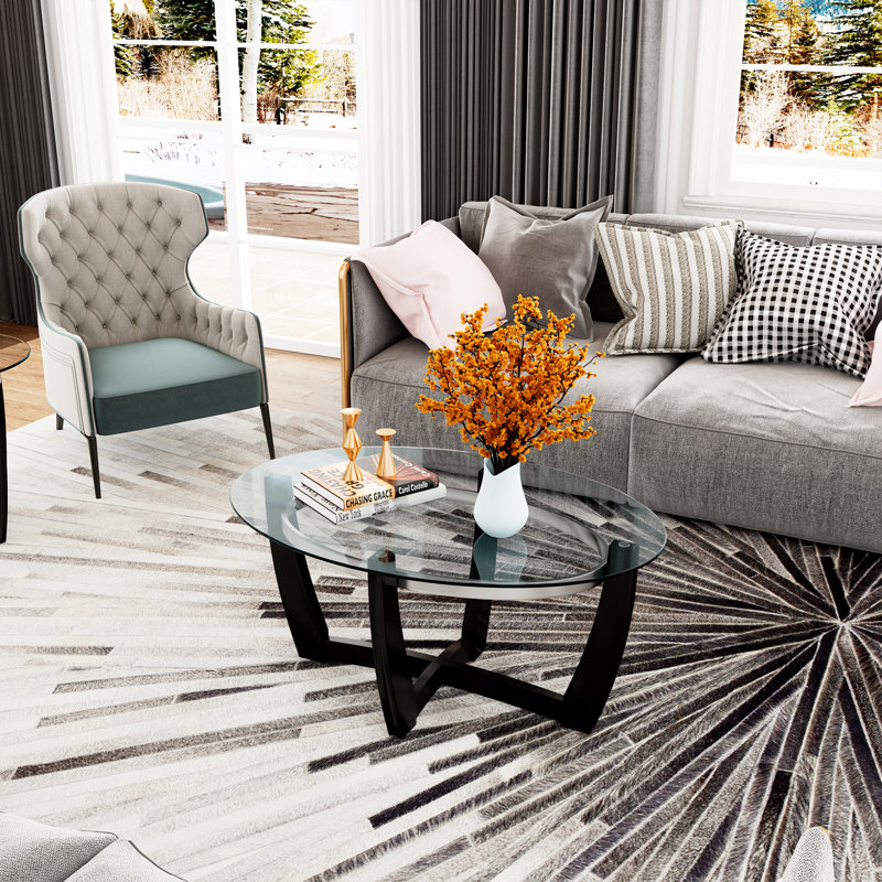 Willmer Cross Legs Coffee Table with with Tempered Glass Top