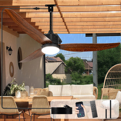 Ventilateur de plafond d'extérieur imperméable avec lumière, ventilateur suspendu en noyer de 52 po pour les patios, pavillon de jardin - ventilateur à brancher avec télécommande et APP, 3 TAC, 6 vitesses