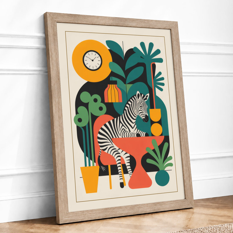 Zebra Among Botanicals Maximalist - Framed Print, A4 - 29.7 x 21.0 cm, Oak