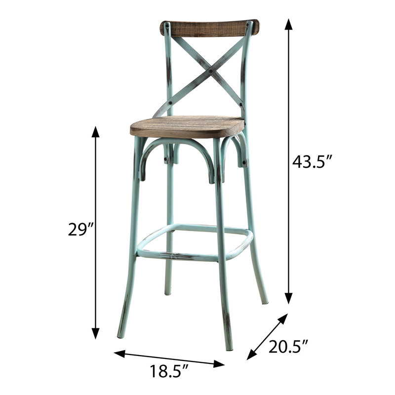 Tabouret de bar de style rétro en chêne antique - base à quatre pieds, dossier croisé en métal, sensation chaleureuse et invitante, hauteur du dossier de 43,5 po, couleurs du ciel, assise confortable, largeur de 18,5 po