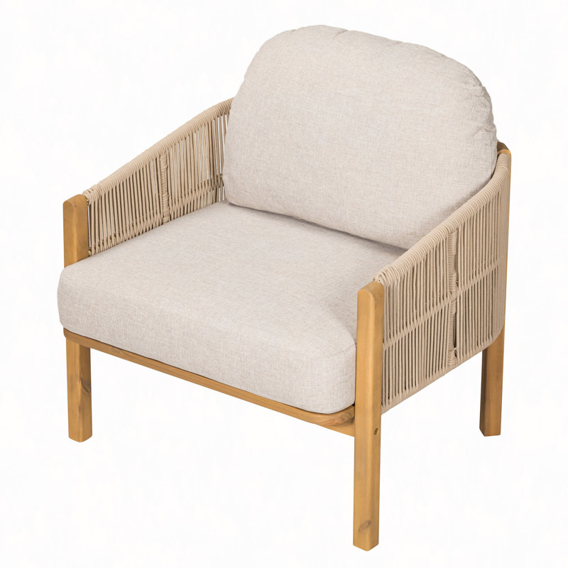 Fauteuil club d'extérieur en bois avec coussin, Coussin beige/couleur beige