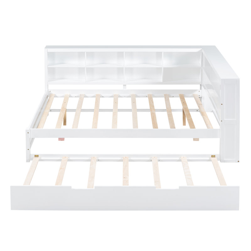 Lit de jour en bois blanc avec lit gigogne simple, tablette de rangement et chargement USB