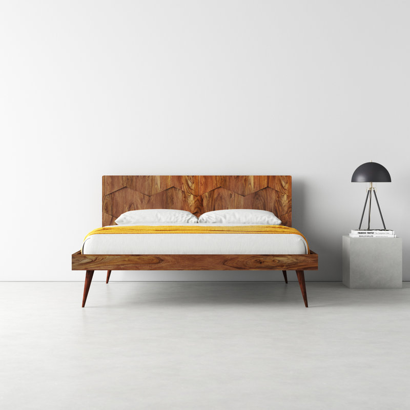 Queen Sheesham Wood Platform Bed with Geometric Headboard