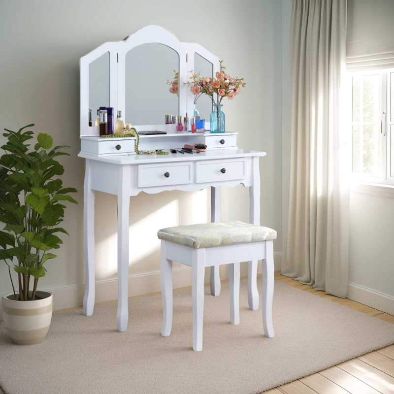 Ensemble coiffeuse et tabouret en bois Sanlo, Blanc