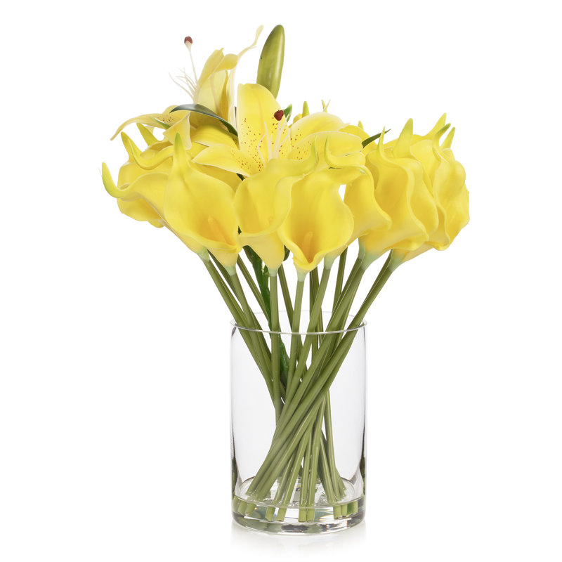 Artificial Real Touch Lily Flower Arrangement In Clear Glass Vase With Faux Water (yellow), Yellow