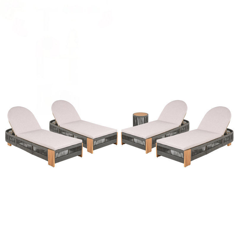 Outdoor Rope Chaise Lounge Set With Adjustable Backrest, Teak Look Wood Side Table, And Beige Cushions For Patio And Poolside Relaxation