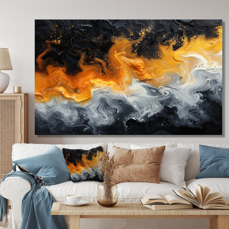  «Orange noir abstrait liquide rivière III - art abstrait mural encre liquide, Toile tendue, H 16 po x l 32 po