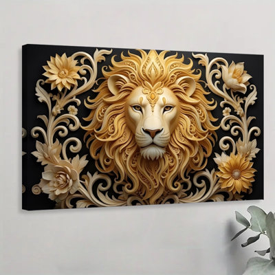 Floral Patterned Lion Head Ornate Sculptural Canvas Wall Art, 24" x 36" Gallery Wrapped Canvas Print, Gold & Black Animal Wall Decor for Living Room, Home Office & Bedroom