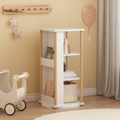 360° Rotating Kids Bookshelf with Chalkboard, 3-Tier Wood Floor Revolving Bookcase & Toy Storage Organizer, Picture Book Display Stand for Toddlers, N