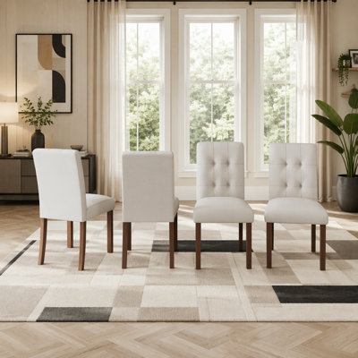 Wooden Dining Chairs Set of 4, Modern Dining Room Chairs with Back, Fabric Kitchen Side Chairs with Wood Legs, Beige + Walnut