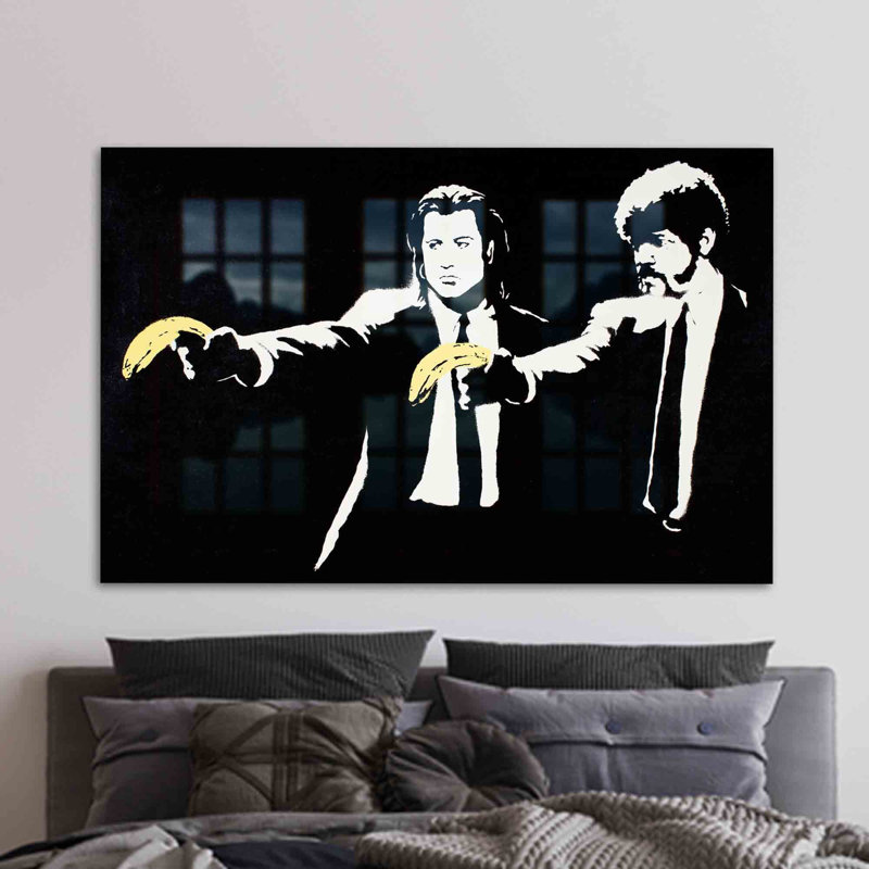 Graffiti Banksy Banana Gun imprimé sur verre, parfait pour la décoration murale, H 31,5 po x l 47,2 po