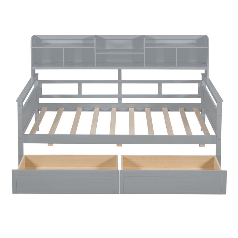 Daybed, Wood Slat Support, with Bedside Shelves and Two Drawers, Grey, Twin