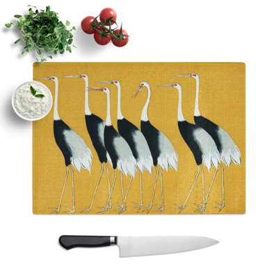 Glass Japanese Red Crown Cranes by Ogata Korin Chopping Board