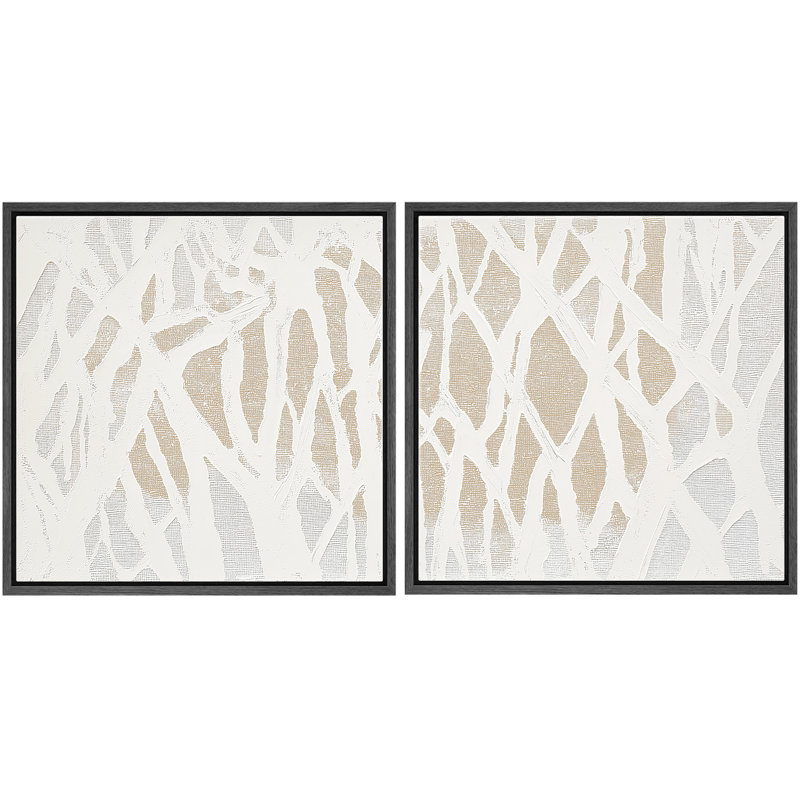«White and Beige Organic Line Modern Modern Style», ensemble de 2 reproductions d'art encadrées, H 16 po x l 16 po