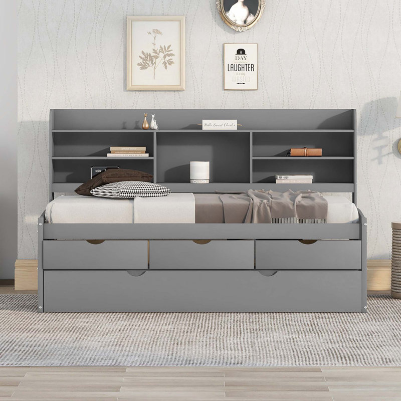 Wooden Captain Daybed Bed with Built-in Bookshelves, Gray, Twin