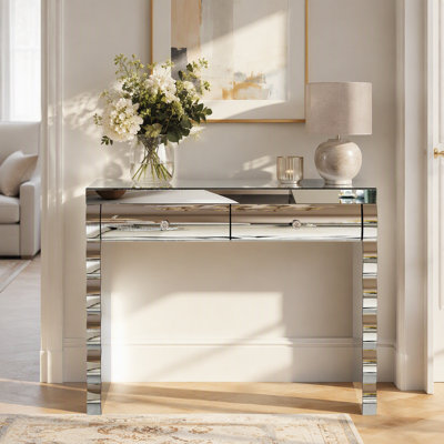 Console à miroir, coiffeuse argentée pour miroir incurvé cuit au four avec 2 tiroirs, table d'appoint décorative en miroir convenant au couloir et au salon, coiffeuse à miroir
