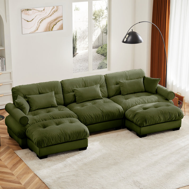 U Shape Modular Sectional Sofa Couch With Two Movable Ottomans, Modern 3 Seat Corner Sofa With Waist Pillows, Throw Pillows And Blostered Armrests, Convertible L Shaped Couch For Living Room