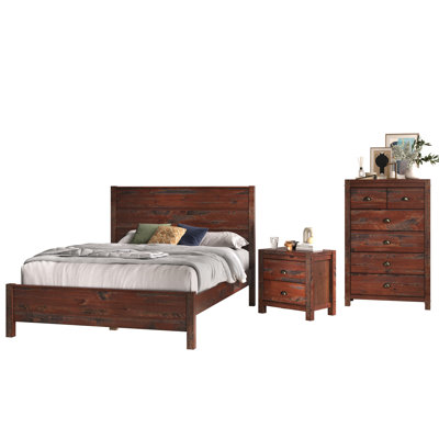 Hibir Farmhouse Set Of 3 Items For Bedroom, One Queen Bed, One Tall Chest Of 5 Drawers  And One Nightstand With 2 Drawers Solid Wood Rustic Style