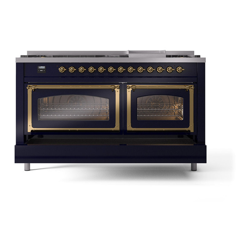 ILVE Nostalgie II Noblesse 60 in Dual Fuel Range, 9 Burner, Griddle, Midnight Blue/Brass, Liquid Propane