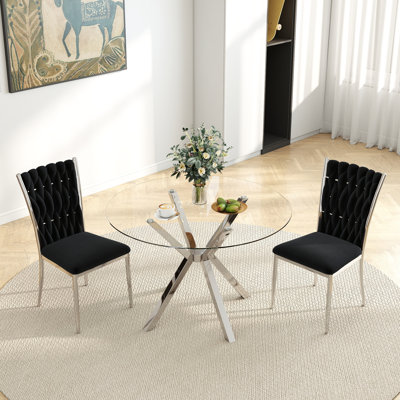 Ensemble de table de salle à manger 36 po en verre trempé rond, chaises en velours 2/4 avec pieds en métal galvanisé, minimaliste moderne pour les petits espaces, la salle à manger et la cuisine
