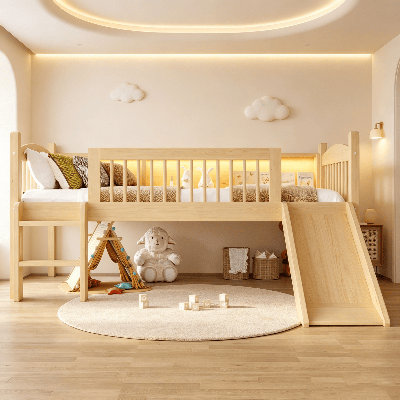Lit mezzanine bas, lit mezzanine en bois avec lumière DEL, glissade et garde-corps complet, lit mezzanine pour enfants en bois massif avec escalier et tablettes de rangement, lit coulissant en bois pour salle de jeux pour enfants, aucun sommier nécessaire