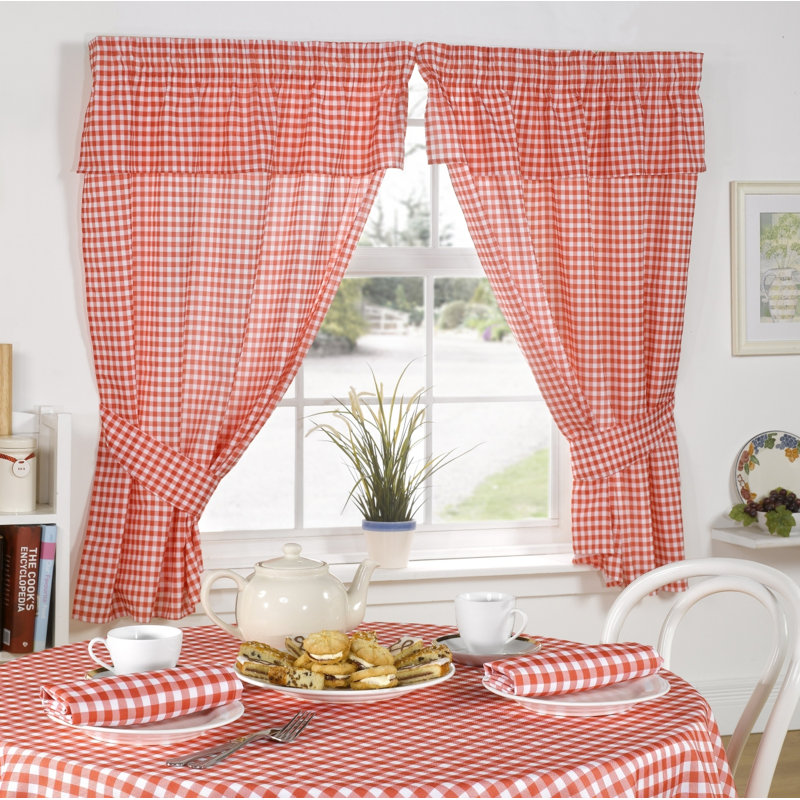 Molly Gingham Ruffled Kitchen Curtain, Red, Width 116x Drop 137cm