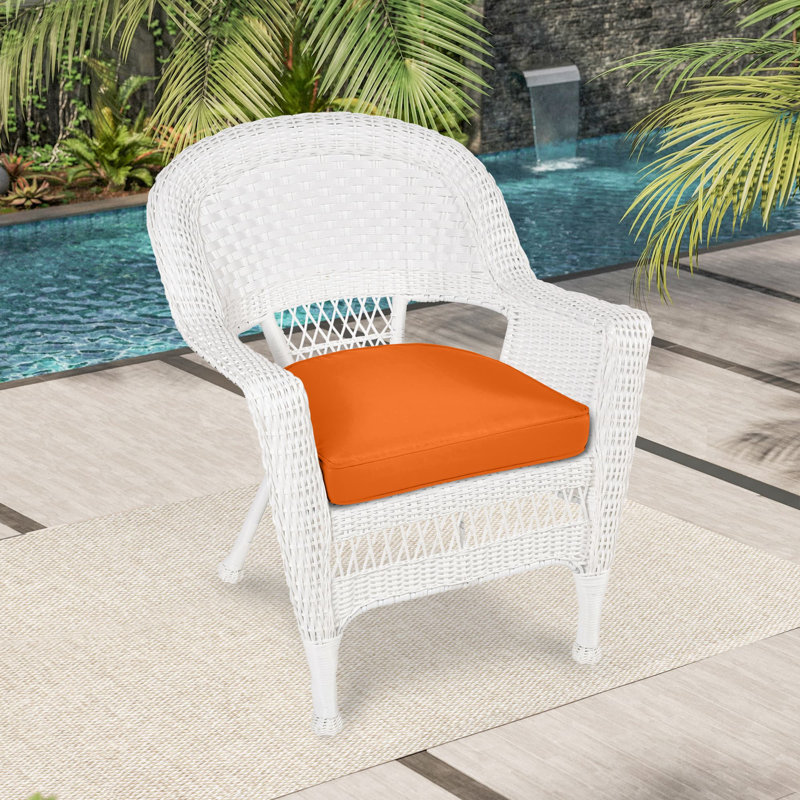 White Wicker Chair With Orange Cushion, Orange, White