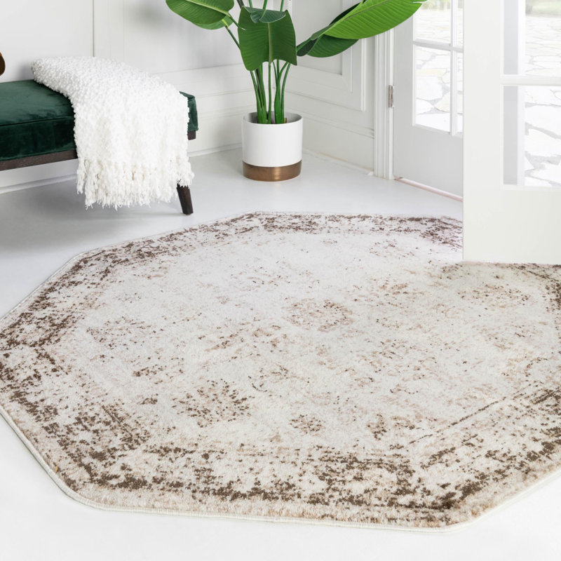 Tapis champêtre et floral de couleur kaki, Octogone 5 pi