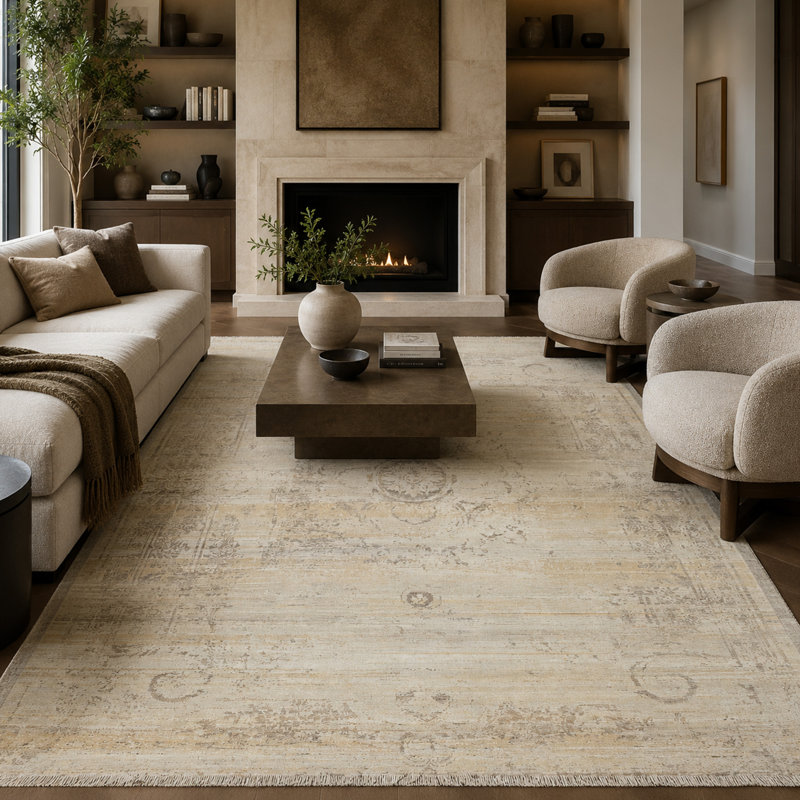 High-Quality Hand-Knotted Ivory And Beige Area Rug, Rectangle 5' x 8'
