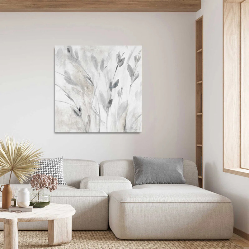 "Grey Misty Leaves Square I (Square)" par Lanie Loreth, Impression encadrée, H 36 po x l 36 po, Argent argent