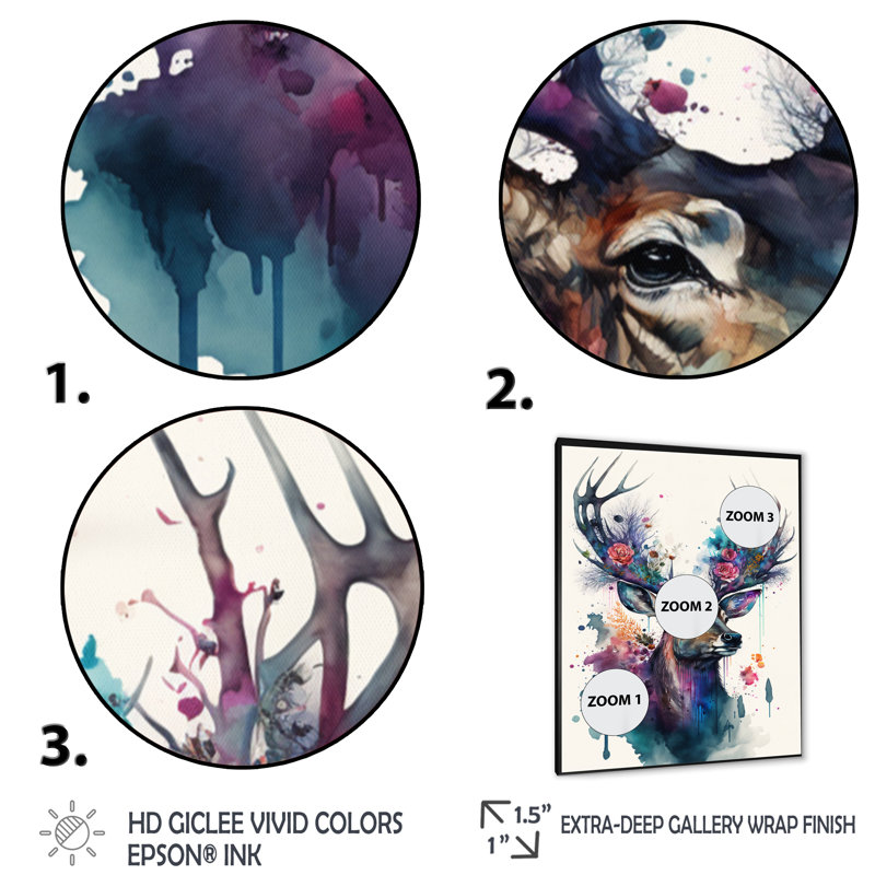 Mignon cerf Floral II - peinture sur toile, Cadre photo noir, H 20 po x l 12 po x P 1 po