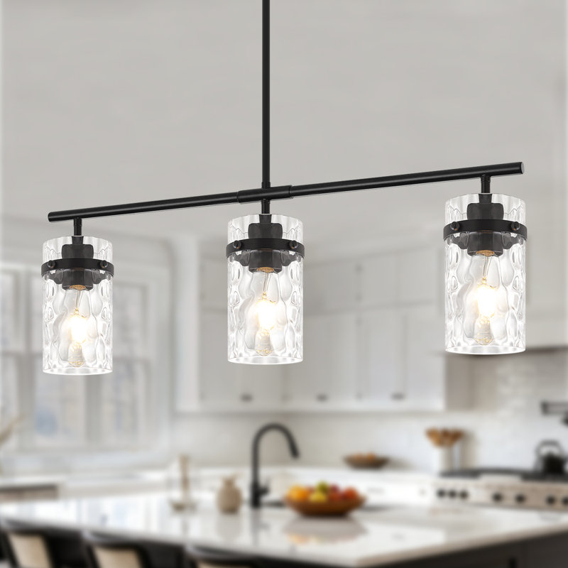 Éclairage d'îlot de cuisine noir, lustre linéaire moderne à 3 lumières avec abat-jour en verre martelé, luminaire suspendu à hauteur réglable de 29,52 po au-dessus de la table