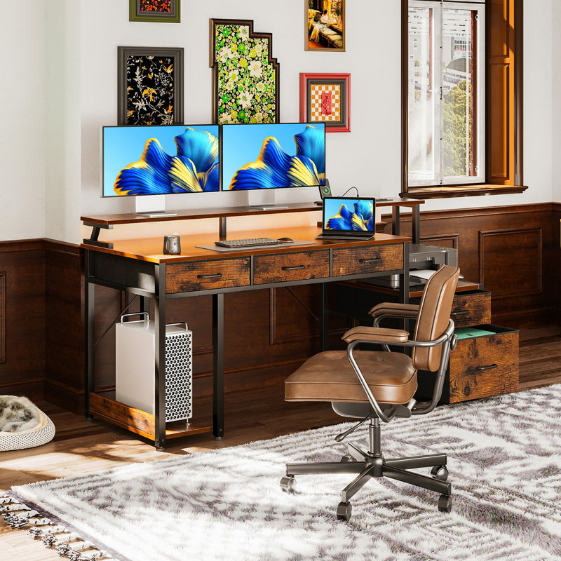 Valerio 55"W Reversible Writing Desk With Drawers And Monitor Shelf,Computer Desk With RGB Led Lights & Power Outlet