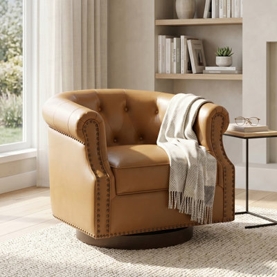Fauteuil d'appoint pivotant à 360 ° en similicuir rembourré avec dossier incurvé Fauteuil club pivotant avec capitonnage et base en bois cintré pour le salon et la chambre à coucher