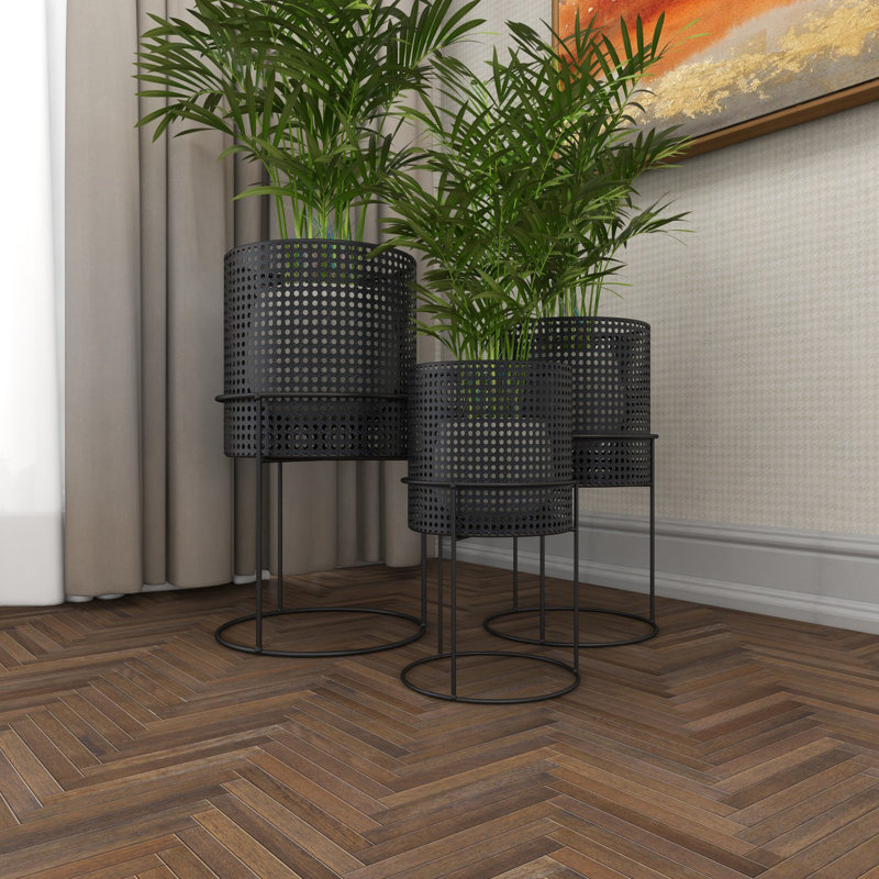 Set of 3 Black Metal Perforated Cylinder Floor Planters