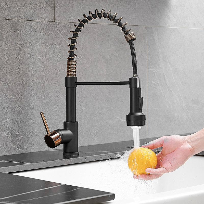 Robinet de cuisine DEL commercial avec douchette rétractable, robinet d'évier de cuisine à poignée simple, Noir et or