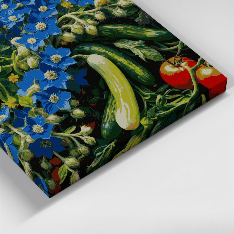 Légumes, fleurs de bourrache, art mural sur toile bleue, H 20 po x l 30 po