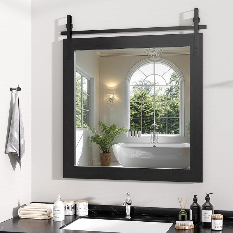 Miroir décoratif moderne en bois massif de style campagnard rustique, 31 po x 31 po, Noir