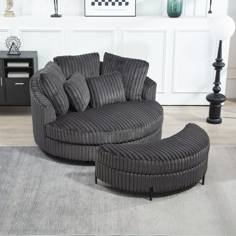 Upholstered Barrel Chair With Ottoman, Charcoal Faux Fur