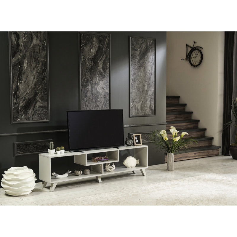 Mid Century Modern Grey Entertainment Centre, 67 Inch Tv Stand With Open Shelving Unit, Shelf