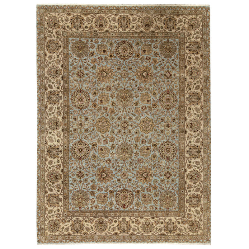 Tapis bleu clair et ivoire noué à la main de haute qualité
