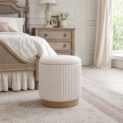 Repose-pieds rond avec repose-pieds rembourré côtelé beige avec rangement