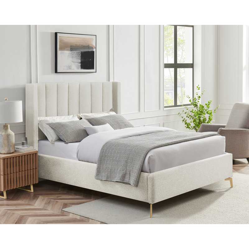 Lomax Upholstered Wingback Bed, King, Light Beige Linen
