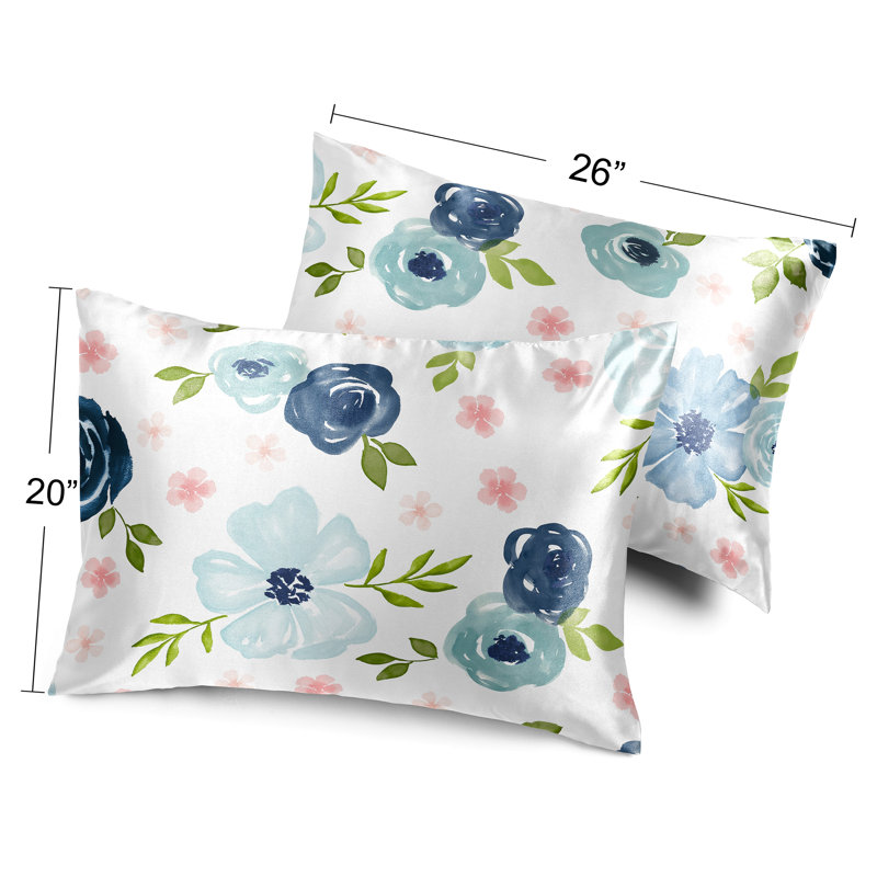 Watercolor Floral Navy Blue and Pink Decorative Satin Pillowcases - 2 Pack Set by Sweet Jojo Designs