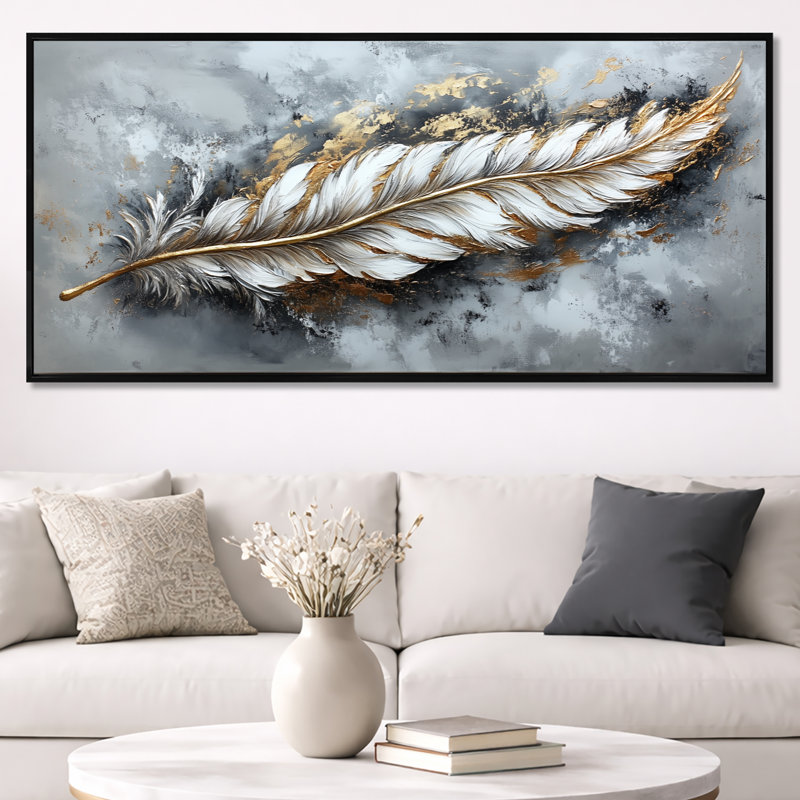 Plume luxueuse dorée grise avec pointes dorées I - impression sur toile glamour, art mural moderne, H 28 po x l 60 po