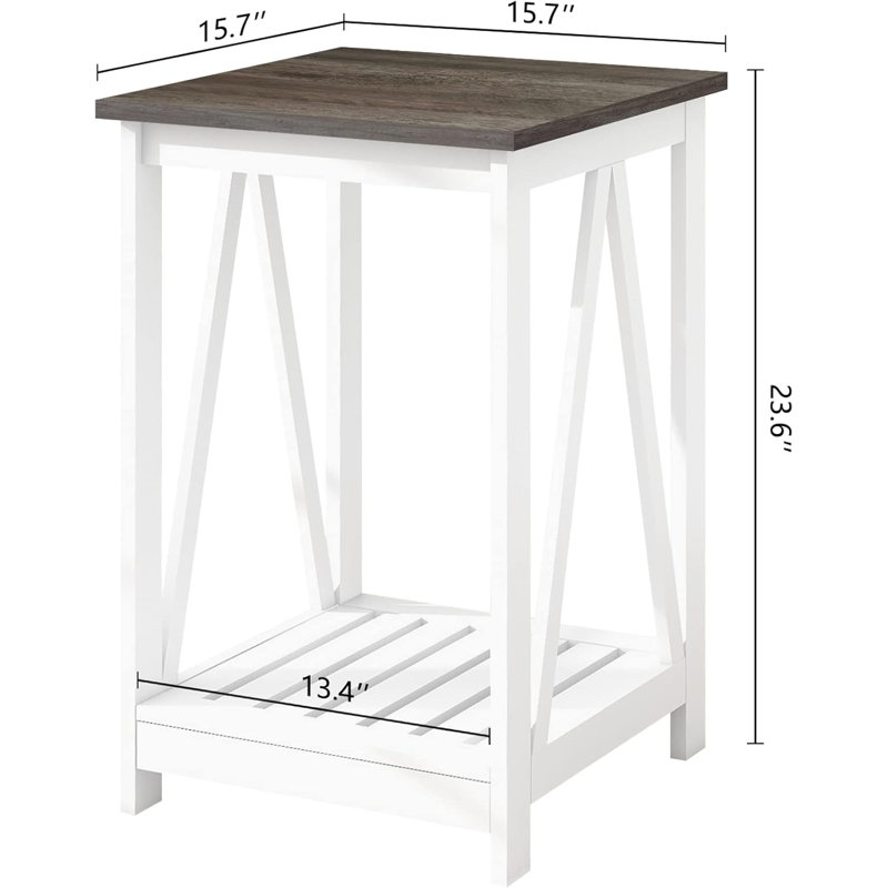 Square End Table, Accent Side Table With Slats Design, Sofa Side Nightstand Table With Sturdy Frame For Living Room Bedroom