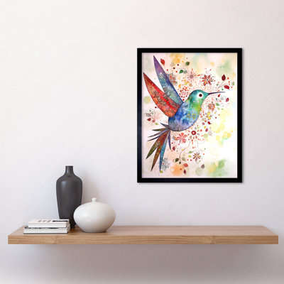 Hummingbird With Flower Patterns Folk Art Watercolour Painting Art Print Framed Poster Wall Decor 12x16 inch