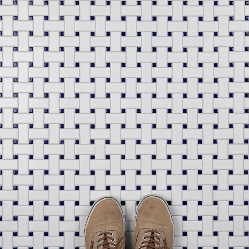 Metro 1.32" x 2" Porcelain Basketweave Mosaic Wall & Floor Tile, White/Cobalt Blue
