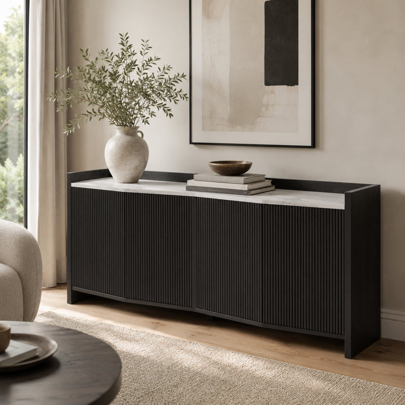 70" Modern Fluted Sideboard Cabinet with Faux Marble Top, Black Buffet Cabinet with Storage, 4 Door Credenza Console Table for Dining Room, Living Room, Entryway, Hallway